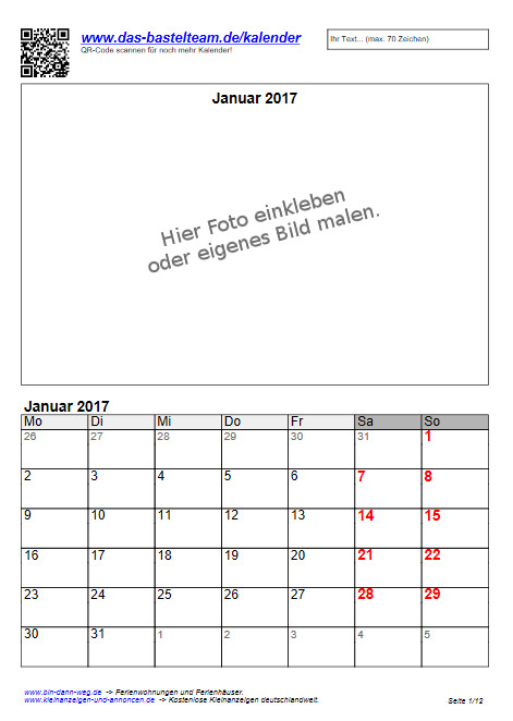 Fotokalender (Hochformat mit Platz für eigenes Foto bzw. Bild )