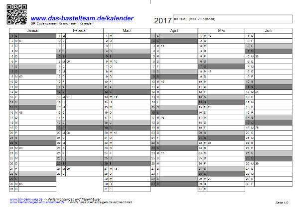 Kalender auf zwei Seiten (Halbjahreskalender)