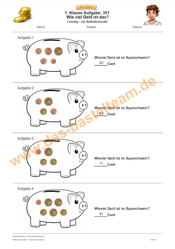 Arbeitsblatt Vorschau Geld zählen bis 100 Cent