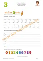 Abb. 1: Arbeitsblatt 1. Klasse die Zahl 3 zum Nachspuren/Schreiben üben.