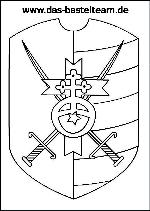 Ausmalbild Ritterschild mit Säbel, Schwert und Kreuz